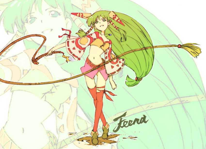 feena, grandia, grandia_i, green_hair, hair_ornament, legs, long_hair, navel