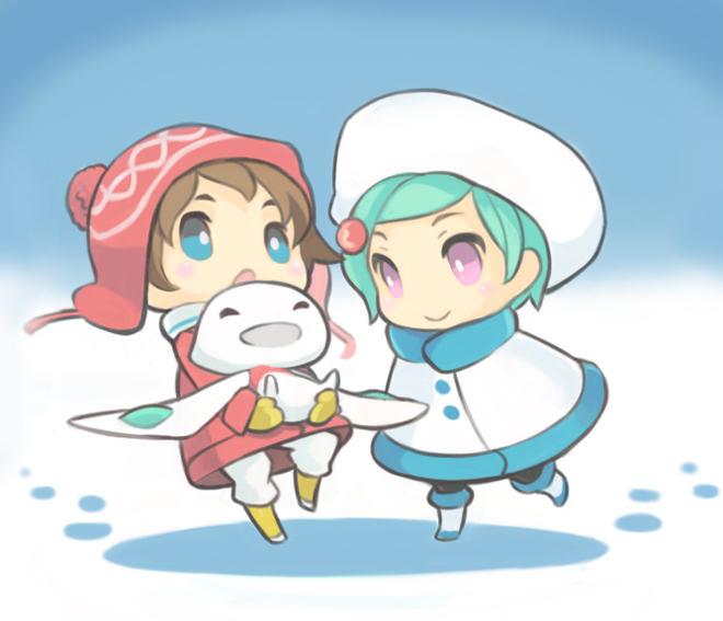 carrying, chibi, child, coat, eureka, eureka_7, eureka_seven, eureka_seven_(series), face, footprints, happy, lastswallow, mittens, nirvash, renton, renton_thurston, smile, snow