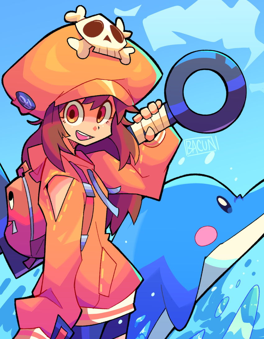 1girl, :d, absurdres, anchor, animal, backpack, bacun, bag