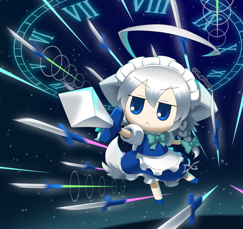 >:(, 1girl, :<, ahoge, animal_ears, apron, bangs, blue_background