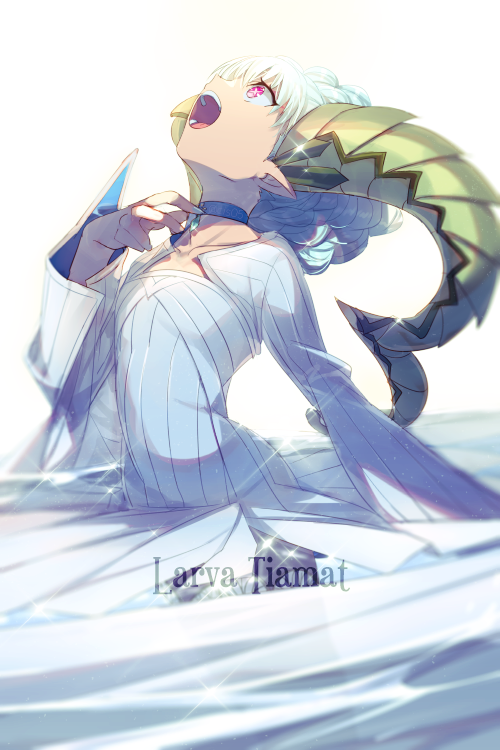 +_+, 1girl, blue_dress, braid, character_name, collarbone, commentary_request, curled_horns