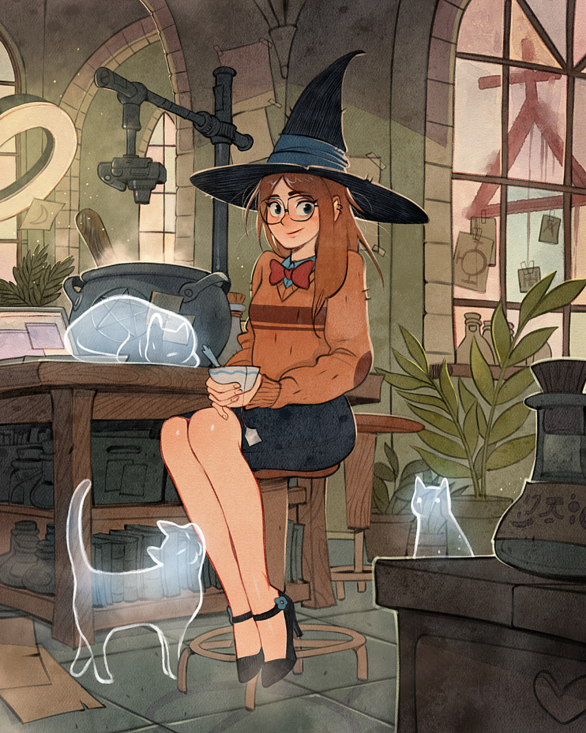 1girl, animal, black_headwear, blue_skirt, book, bow, bowl, bowtie
