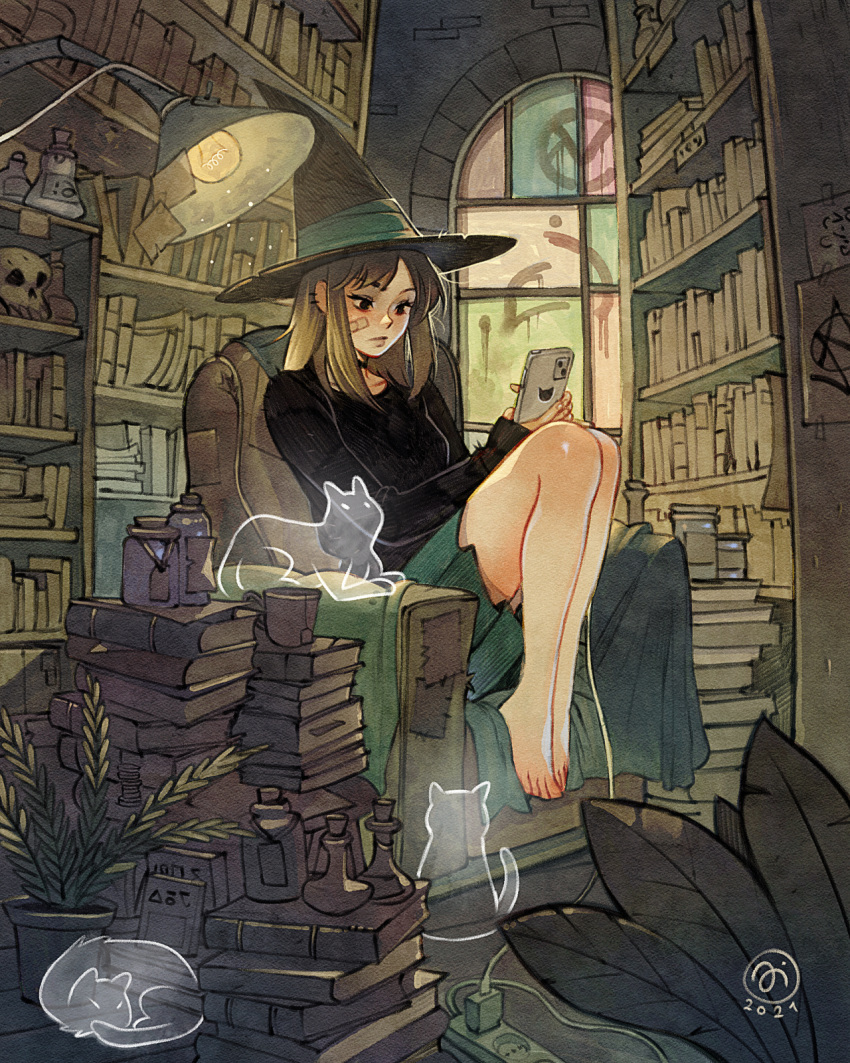 1girl, armchair, bandaid, bandaid_on_cheek, barefoot, black_sweater, book, book_stack