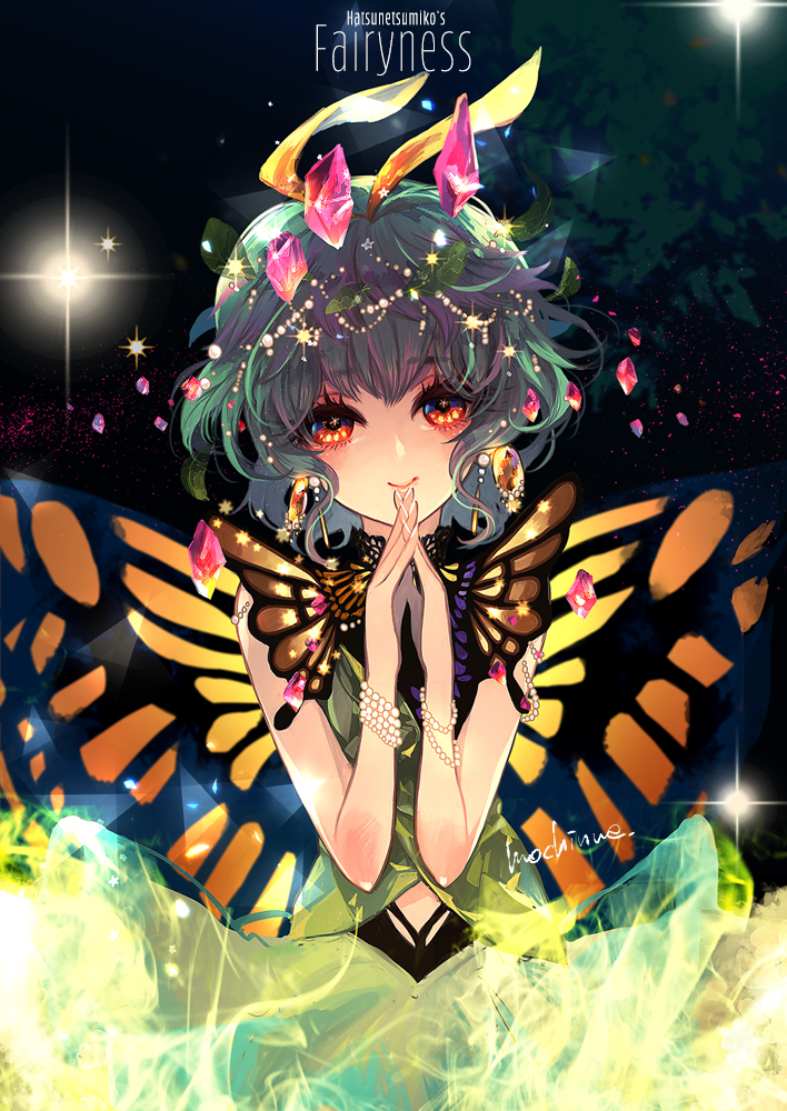 1girl, antennae, aqua_hair, artist_name, butterfly_wings, closed_mouth, dress, earrings, eternity_larva, fairy, green_dress, jewelry, leaf, leaf_on_head, looking_at_viewer, mochinue, multicolored_clothes, multicolored_dress, orange_eyes, short_hair, signature, smile, solo, touhou, wings