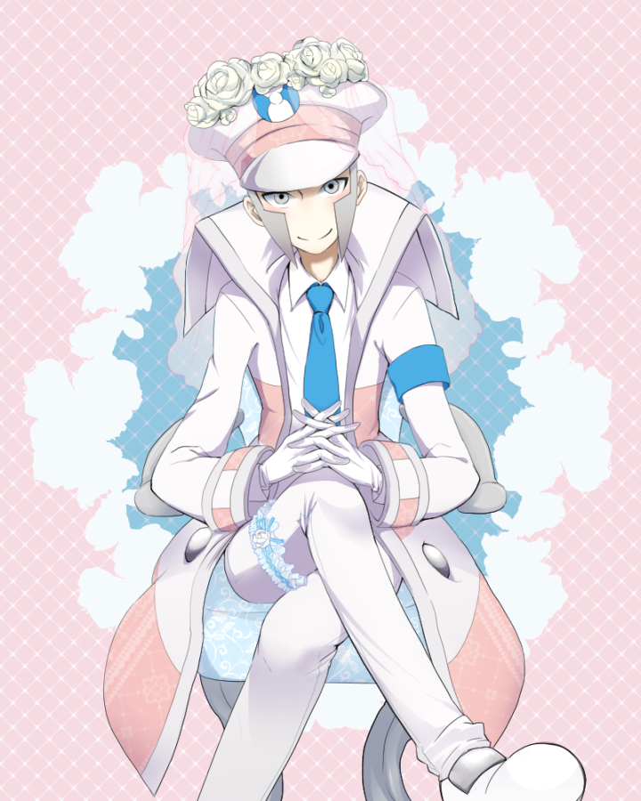 1boy, blue_necktie, blush, chair, closed_mouth, coat, collared_shirt, commentary_request, crossed_legs, dabu_(dabuchan), emmet_(pokemon), flower, gloves, grey_eyes, grey_hair, hat, looking_at_viewer, male_focus, necktie, open_clothes, open_coat, pants, pokemon, pokemon_(game), pokemon_bw, shirt, shoes, short_hair, sideburns, sitting, smile, solo, veil, white_coat, white_footwear, white_gloves, white_headwear, white_pants, white_shirt
