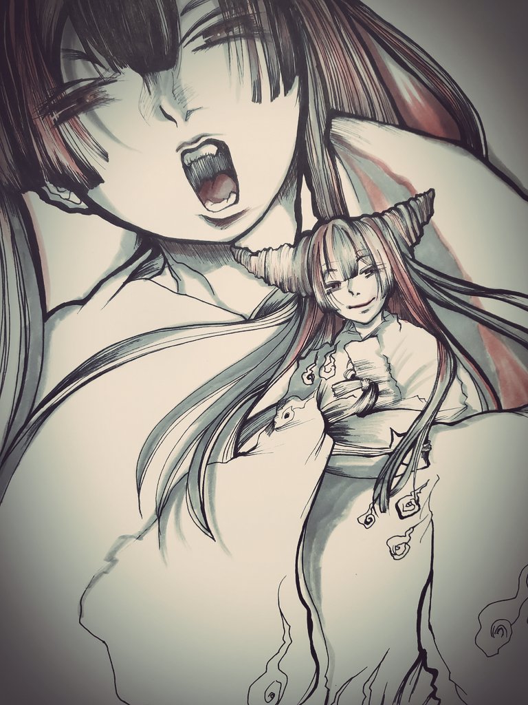 1girl, ayashimon, bangs, brown_eyes, drill_hair, hitodama, japanese_clothes, kimono, long_hair, looking_at_viewer, multiple_views, open_mouth, smile, standing, sumomonga1816, urara_(ayashimon), wide_sleeves