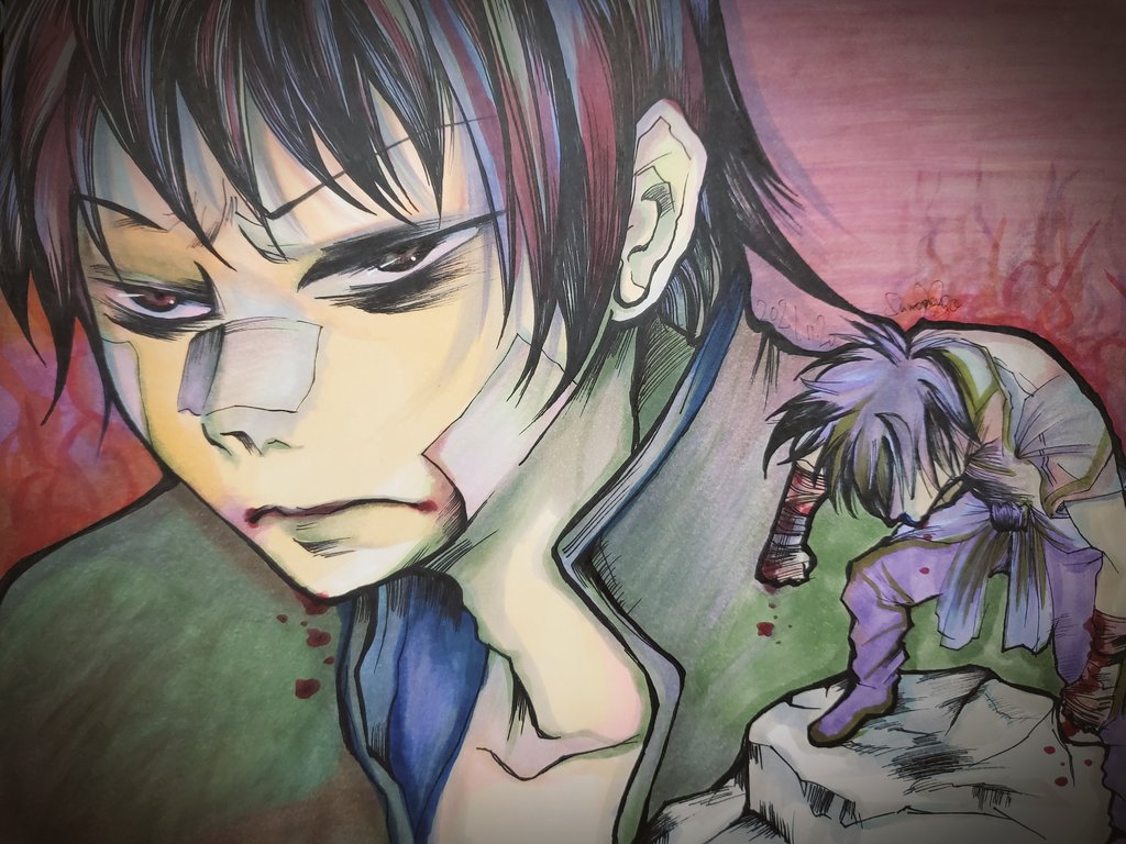 1boy, aura, ayashimon, bandage_on_face, bandages, black_hair, blood, blood_on_face