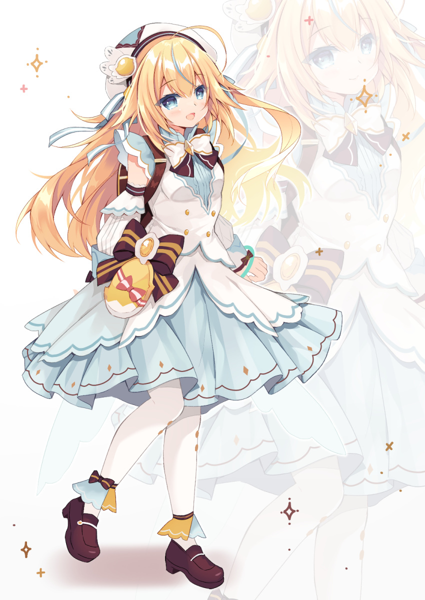 1girl, :d, ahoge, beret, blonde_hair, blue_eyes, blue_hair, blue_skirt