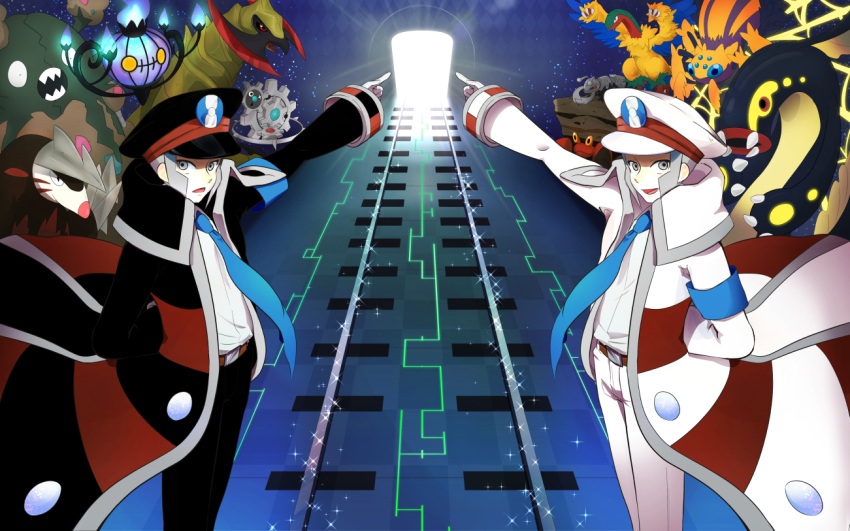 2boys, archeops, arm_behind_back, belt, belt_buckle, black_coat, black_headwear, black_pants, blue_necktie, brothers, brown_belt, buckle, chandelure, coat, commentary_request, crustle, dabu_(dabuchan), durant, eelektross, emmet_(pokemon), excadrill, galvantula, garbodor, gloves, grey_eyes, grey_hair, hat, haxorus, ingo_(pokemon), klinklang, male_focus, multiple_boys, necktie, open_clothes, open_coat, open_mouth, pants, pointing, pokemon, pokemon_(creature), pokemon_(game), pokemon_bw, shirt, short_hair, siblings, sideburns, smile, tongue, white_coat, white_pants, white_shirt