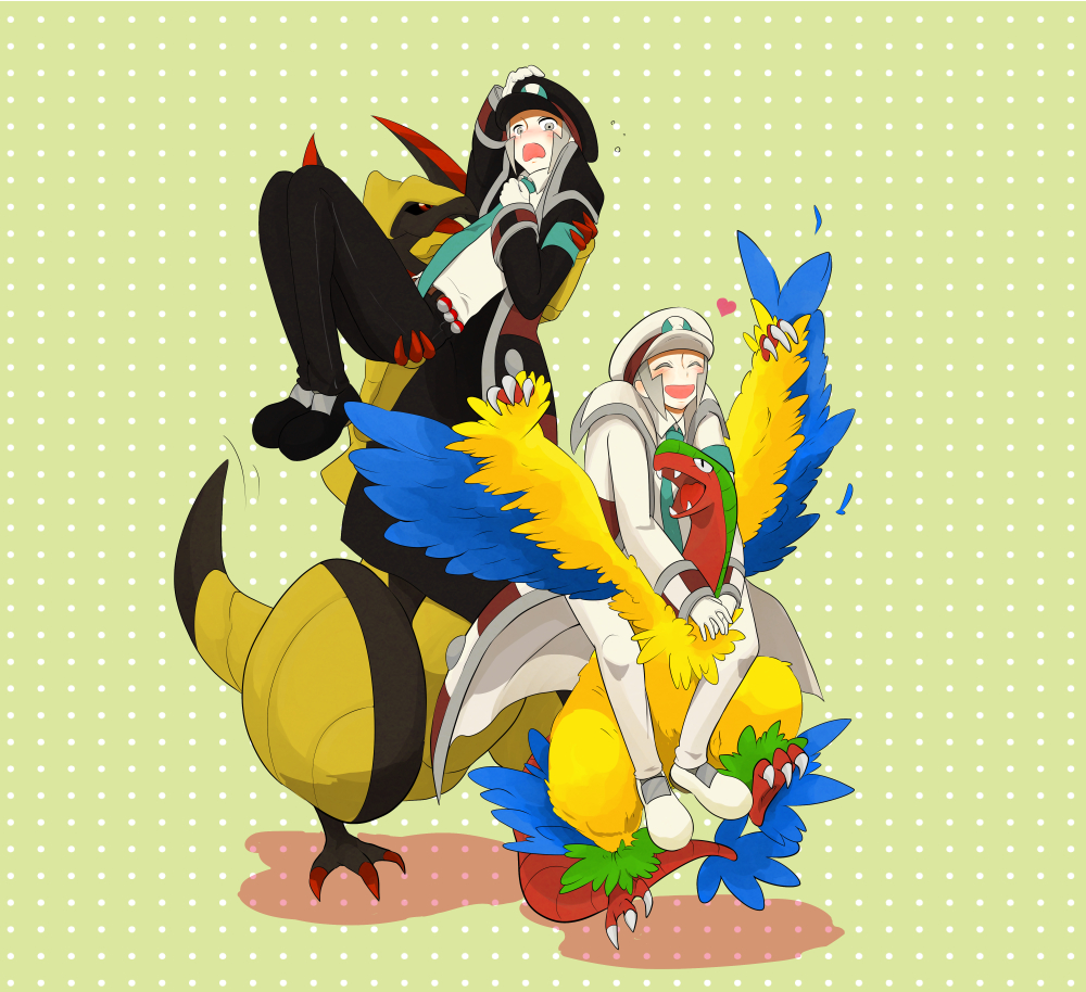 2boys, :d, archeops, black_coat, black_footwear, black_headwear, black_pants, blush