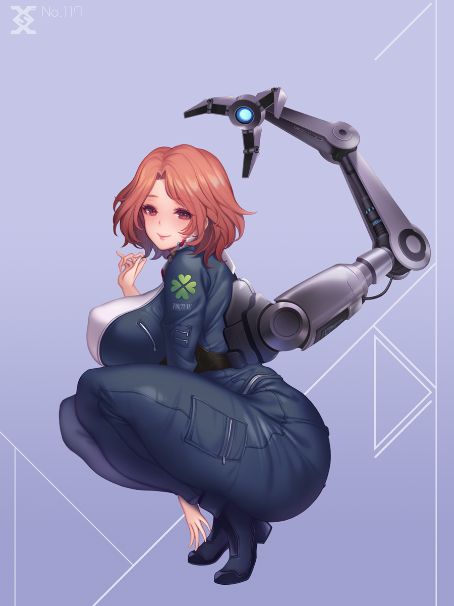 1girl, bangs, blue_bodysuit, blush, bodysuit, breasts, clover, fortune_(last_origin)