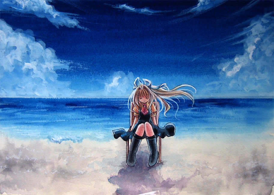 beach, blonde_hair, boots, closed_eyes, kamio_misuzu, landscape, long_hair, ponytail