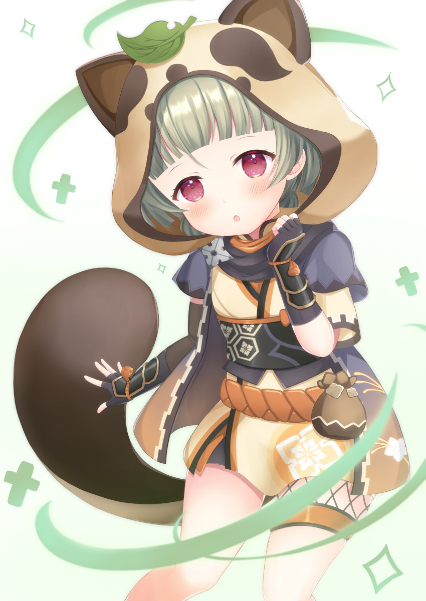1girl, absurdres, animal_ears, animal_hood, arm_up, bangs, bike_shorts, black_gloves, black_scarf, black_shorts, blunt_bangs, brown_hair, fake_animal_ears, fake_tail, fingerless_gloves, genshin_impact, gloves, hajime_yo, highres, hood, japanese_clothes, kimono, leaf, leaf_on_head, looking_at_viewer, open_mouth, raccoon_ears, raccoon_hood, raccoon_tail, red_eyes, sayu_(genshin_impact), scarf, short_hair, short_kimono, short_shorts, shorts, shuriken, solo, tail, thigh_strap, thighs, weapon, yellow_kimono