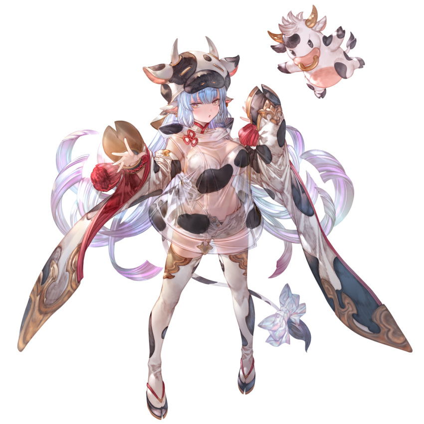 1girl, animal_costume, animal_ears, animal_print, blue_hair, bow, catura_(granblue_fantasy), cow