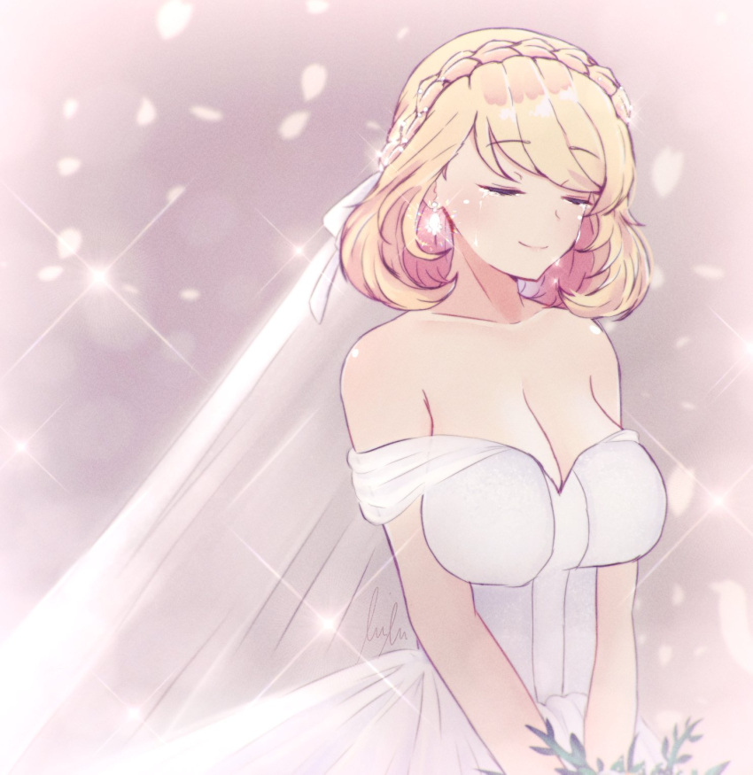 1girl, azur_lane, bare_shoulders, blonde_hair, braid, bridal_veil, cowboy_shot, crown_braid