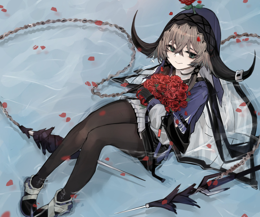 1girl, absurdres, arknights, bangs, black_choker, black_gloves, black_legwear, bouquet