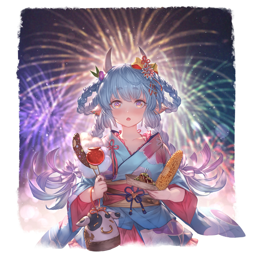 1girl, animal_ears, blue_hair, braid, breasts, candy_apple, catura_(granblue_fantasy), chocolate_banana