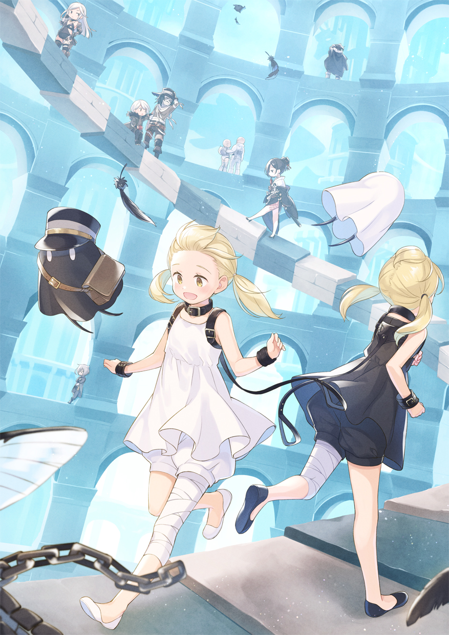 063y_(nier), akeha_(nier_reincarnation), bald, bald_girl, bandaged_leg, bandages, bangs_pinned_back, bare_shoulders