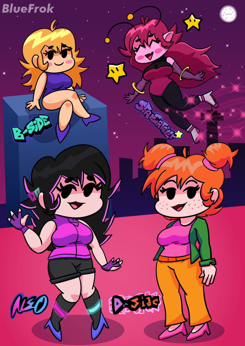 4girls, alternate_universe, black_hair, blonde_hair, bluefrok, closed_eyes, dress, english_commentary