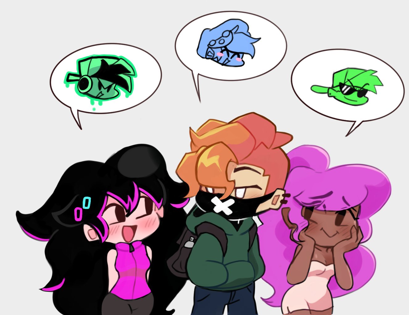 1boy, 2girls, black_eyes, black_hair, black_mask, blush, breasts, cleavage