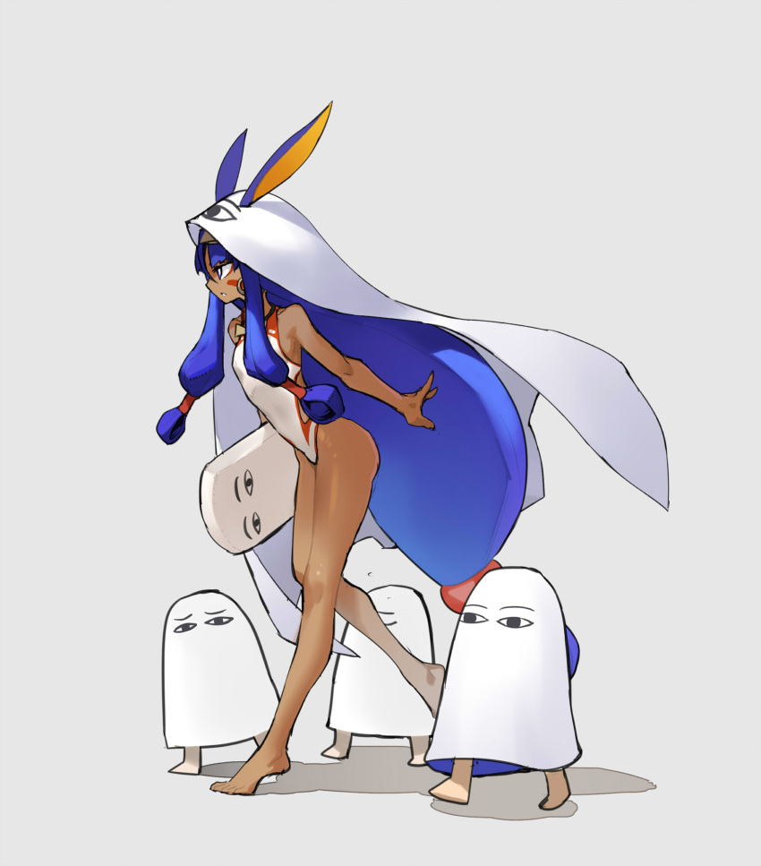 1girl, animal_ears, ass, bare_shoulders, barefoot, breasts, cloak, dark-skinned_female