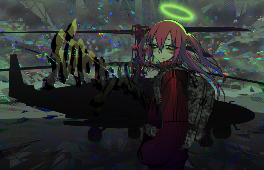 1girl, 2015, aircraft, angel, backpack, bag, camouflage_backpack, cowboy_shot, facepaint, glitch, green_eyes, halo, helicopter, jacket, looking_away, narrowed_eyes, original, red_jacket, redhead, ro47, solo, standing, twintails