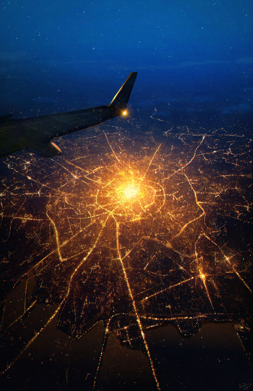 absurdres, aircraft, airplane, airplane_wing, city, city_lights, cityscape, dark