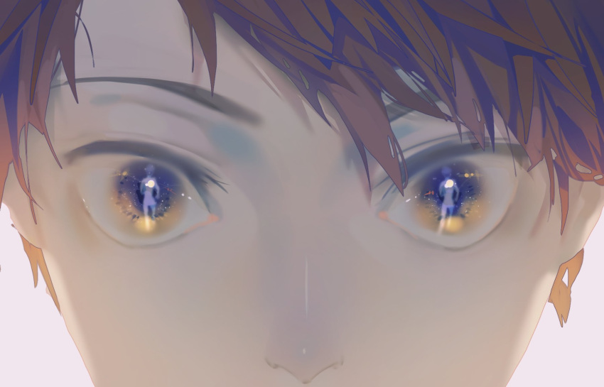 1boy, bangs, brown_eyes, brown_hair, close-up, cmpovar, english_commentary, eye_focus