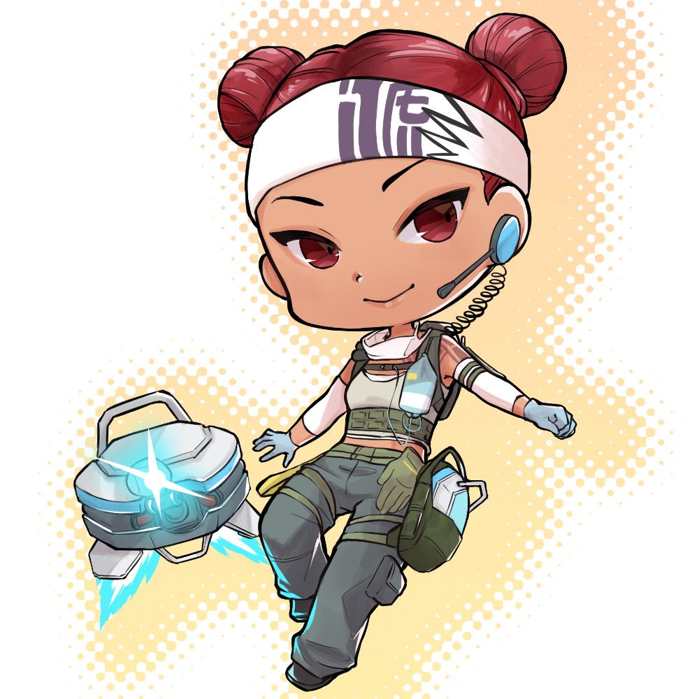 1girl, animification, apex_legends, beige_tank_top, blue_gloves, chibi, clenched_hand, d.o.c._health_drone