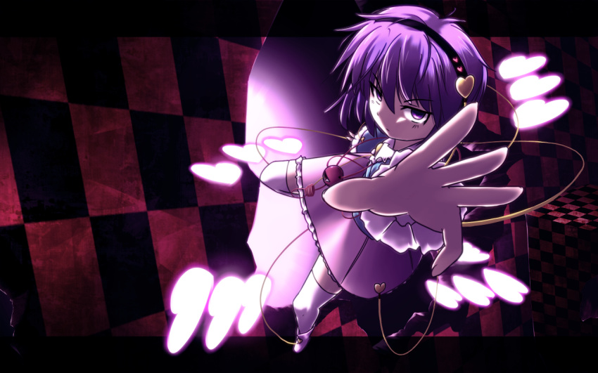 checkered_floor, danmaku, eyeball, foreshortening, hairband, hands, heart, komeiji_satori, purple_eyes, purple_hair, short_hair, solo, thigh-highs, thighhighs, touhou, tyourou_god, violet_eyes, wallpaper, white_legwear, white_thighhighs, zettai_ryouiki
