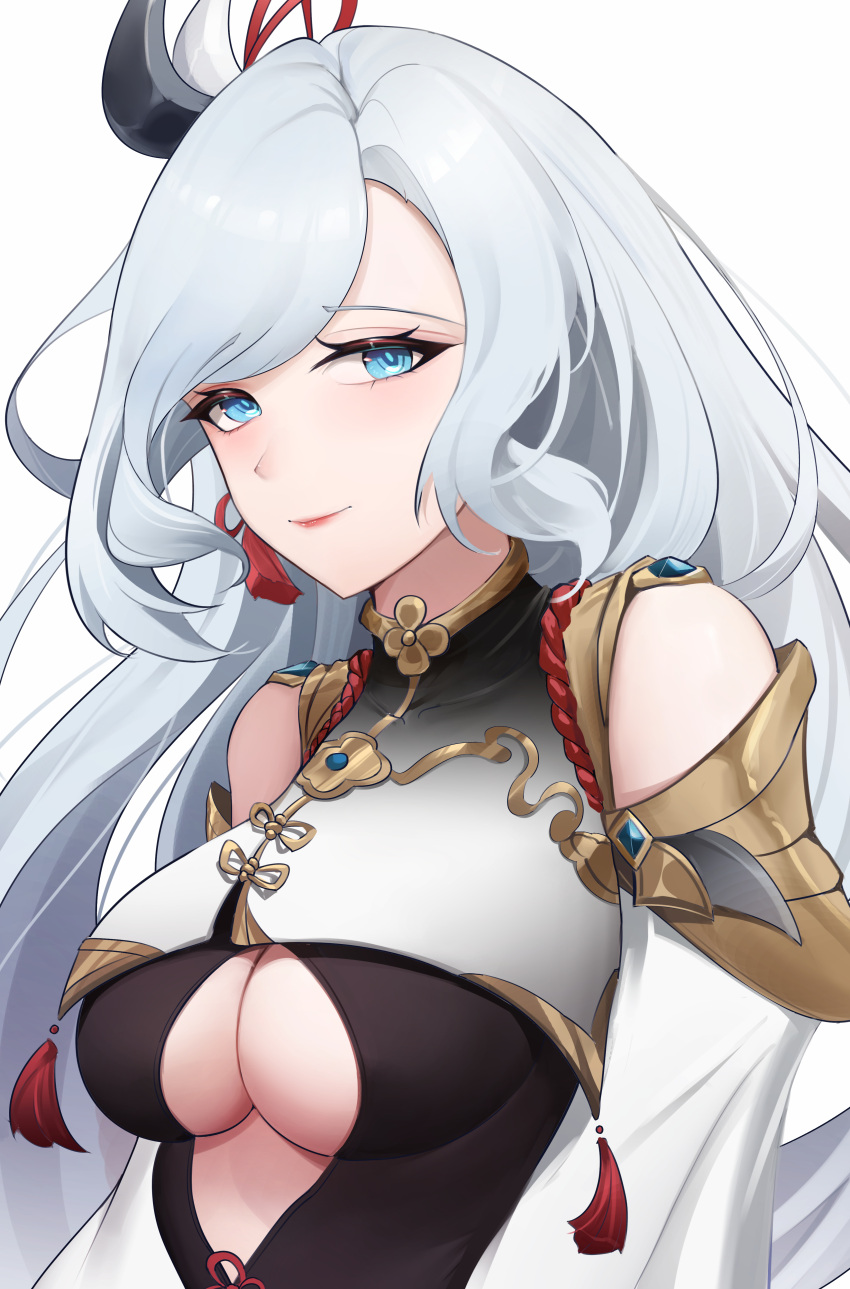 1girl, absurdres, bangs, blue_eyes, breasts, cleavage_cutout, closed_mouth, clothing_cutout