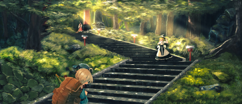 1boy, 2girls, :d, absurdres, ahoge, backpack, bag, black_headwear