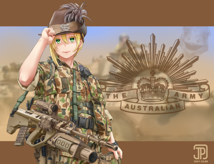 1girl, assault_rifle, australia, bird, blonde_hair, bullpup, green_eyes, grenade_launcher, ground_vehicle, gun, hand_on_headwear, handgun, hat, hat_feather, holster, jpc, letterboxed, load_bearing_equipment, looking_at_viewer, military, military_vehicle, motor_vehicle, original, ostrich, pistol, rifle, signature, sleeves_rolled_up, sling, slouch_hat, smile, soldier, solo, steyr_aug, tank, watch, watch, weapon