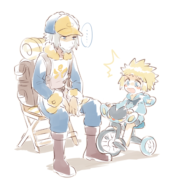 ..., 2boys, aged_down, backpack, bag, baseball_cap, beard, blonde_hair