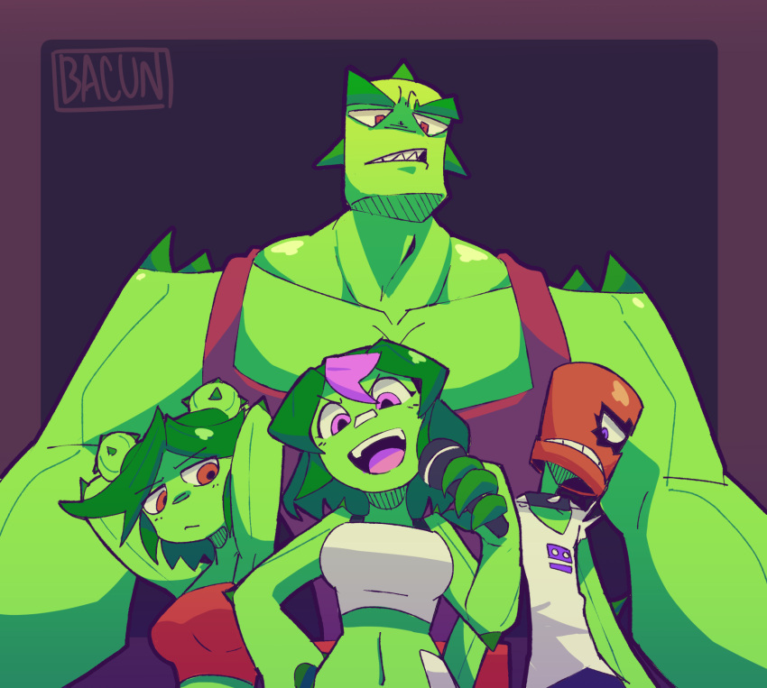 2boys, 2girls, :d, artist_name, bacun, band, breasts, cactus_boy
