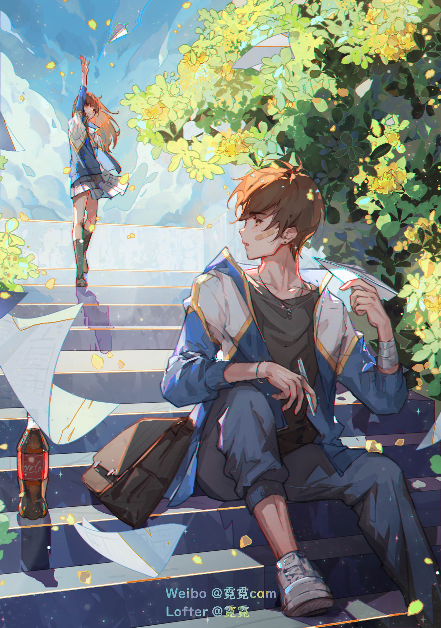 1boy, 1girl, arm_up, bag, bai_qi_(love_and_producer), bangs, black_shirt, blue_jacket