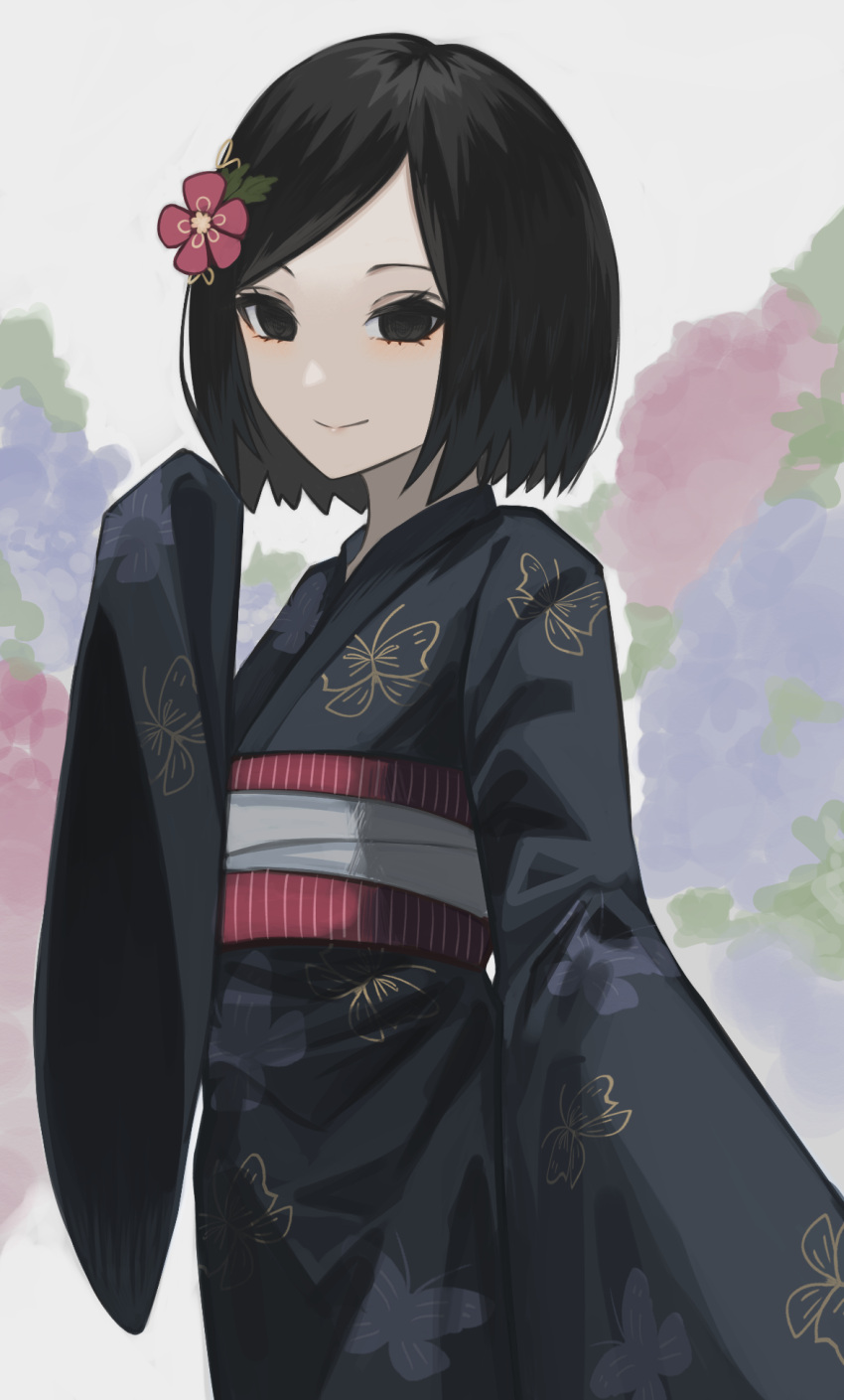 1girl, animal_print, arm_at_side, bangs, black_eyes, black_hair, blue_kimono, bob_cut