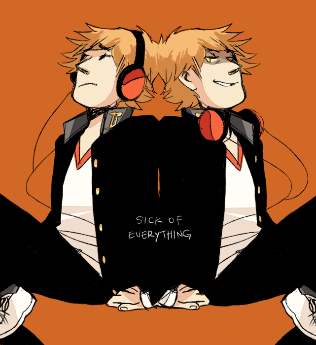 2boys, brogeoisie, closed_eyes, dark_persona, english_text, hanamura_yousuke, headphones, headphones_around_neck