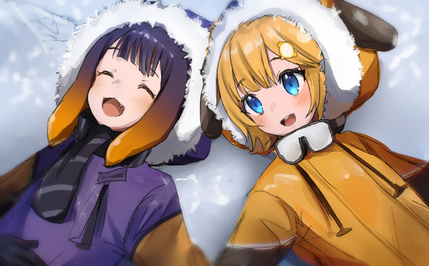 2girls, :d, animal_ears, blonde_hair, blue_eyes, blush, closed_eyes, dog_ears