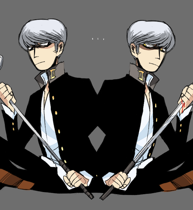 ..., 1boy, blood, brogeoisie, dark_persona, expressionless, golf_club, grey_background