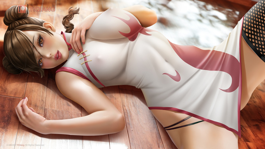 1girl, black_legwear, black_panties, blush, brown_eyes, brown_hair, china_dress, chinese_clothes