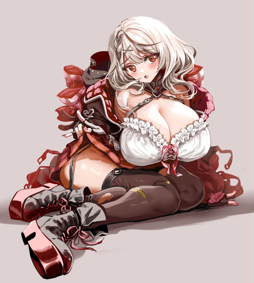 bare_shoulders, black_hair, bow, breasts, camisole, fingerless_gloves, garter_straps, gloves