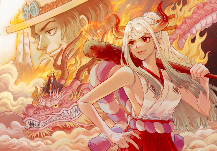 >:), 1girl, 2boys, bare_arms, bare_shoulders, breasts, cape, closed_mouth, clouds, club_(weapon), curled_horns, dragon, earrings, eastern_dragon, fingernails, fire, floating_hair, freckles, green_hair, hair_ornament, hair_stick, hand_on_hip, hat, high_ponytail, highres, holding, holding_weapon, horns, japanese_clothes, jewelry, kanabou, kimono, lips, long_hair, looking_afar, momonosuke_(one_piece), monkey_d._luffy, mrs.custard, multicolored_hair, multicolored_horns, multiple_boys, one_piece, oni, over_shoulder, portgas_d._ace, red_eyes, red_horns, rope, shimenawa, shirt, shorts, sideboob, sleeveless, sleeveless_kimono, smile, spiked_club, spoilers, standing, straw_hat, v-shaped_eyebrows, very_long_hair, weapon, weapon_over_shoulder, white_hair, yamato_(one_piece), yellow_horns