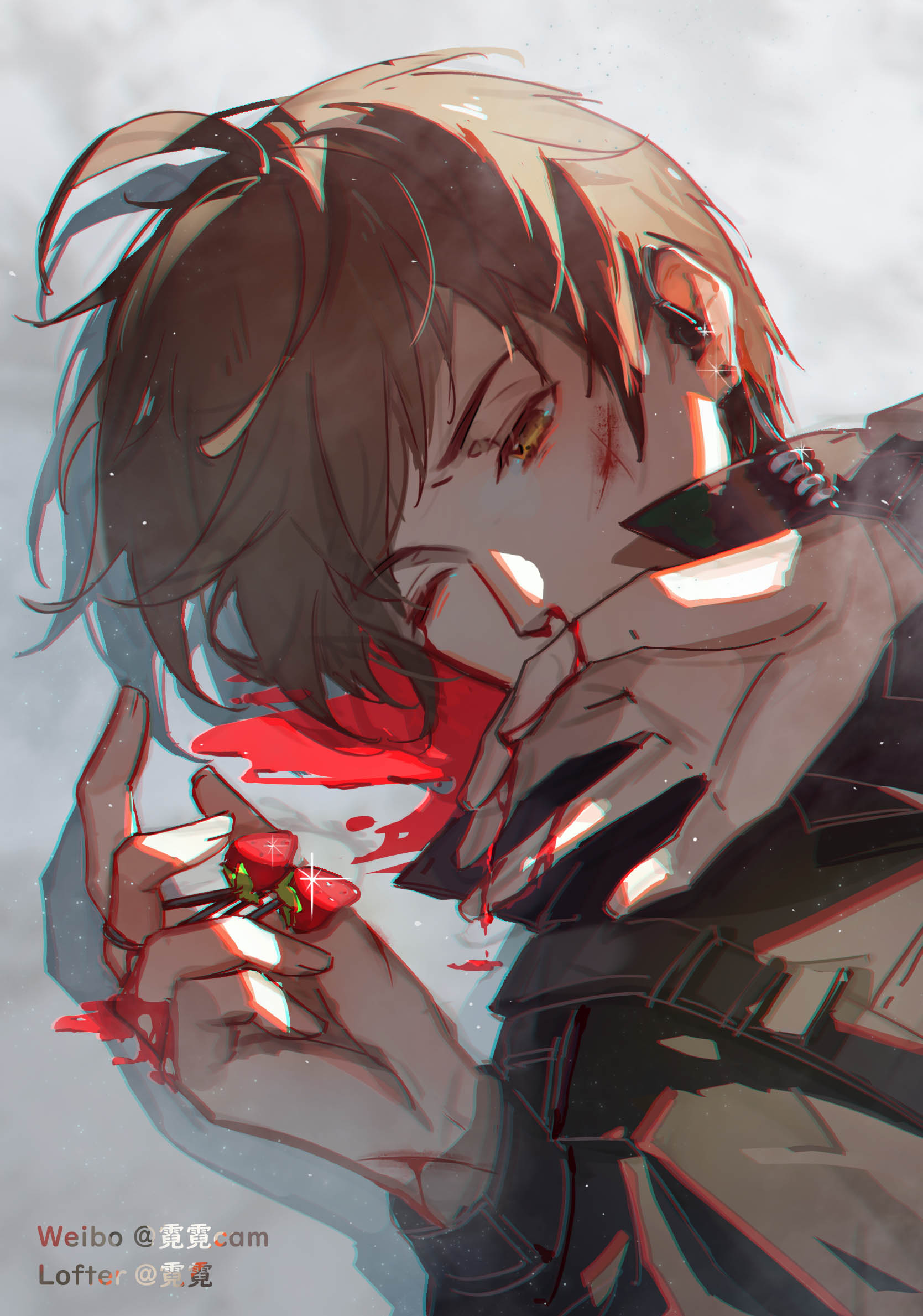 1boy, bai_qi_(love_and_producer), bangs, blood, blood_on_face, brown_eyes, brown_hair, brown_jacket