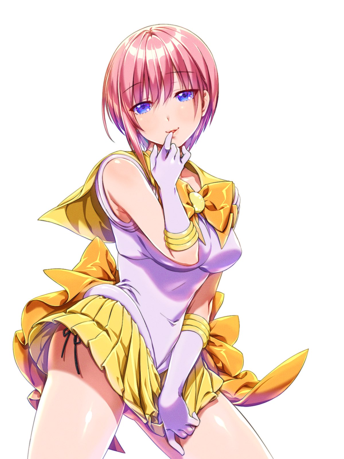 1girl, bishoujo_senshi_sailor_moon, blue_eyes, bow, breasts, covering, covering_crotch, finger_to_mouth
