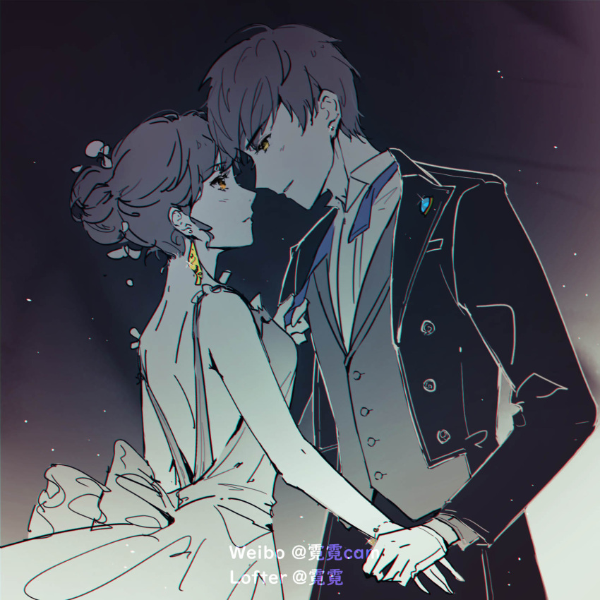 1boy, 1girl, backless_dress, backless_outfit, bai_qi_(love_and_producer), bangs, black_jacket, black_pants, blue_neckwear, closed_mouth, dress, earrings, formal, gloves, grey_dress, grey_hair, grey_vest, hair_bun, highres, holding, jacket, jewelry, long_sleeves, looking_at_another, love_and_producer, monochrome, pants, protagonist_(love_and_producer), rabbitcamilla, short_hair, sleeveless, sleeveless_dress, smile, vest, wedding, wedding_dress, white_gloves, yellow_eyes