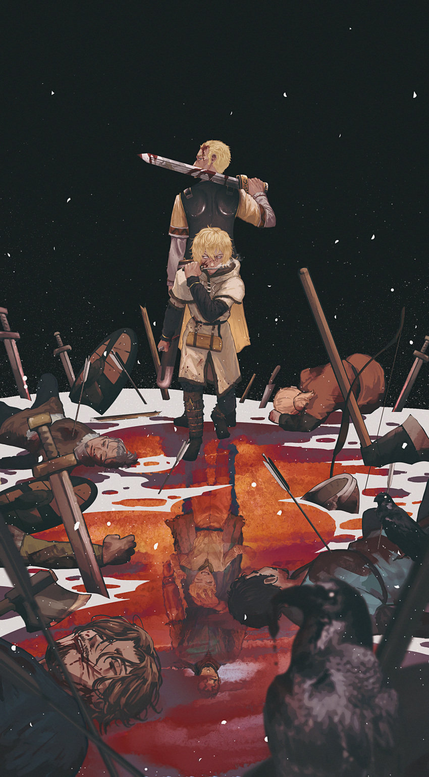 3boys, ^_^, absurdres, armor, askeladd, black_background, black_pants, blonde_hair, blood, blood_on_face, blood_on_weapon, breastplate, closed_eyes, corpse, different_reflection, dual_wielding, father_and_son, full_body, grin, hand_on_another's_head, highres, holding, holding_knife, holding_sword, holding_weapon, jacket, knife, long_sleeves, looking_back, multiple_boys, over_shoulder, pants, planted, planted_sword, pool_of_blood, profile, reflection, reverse_grip, sheath, shirt, short_hair, smile, snowing, standing, sword, thorfinn, thors, tunic, vinland_saga, weapon, weapon_over_shoulder, white_jacket, white_shirt, yellow_shirt, yorunue_ro