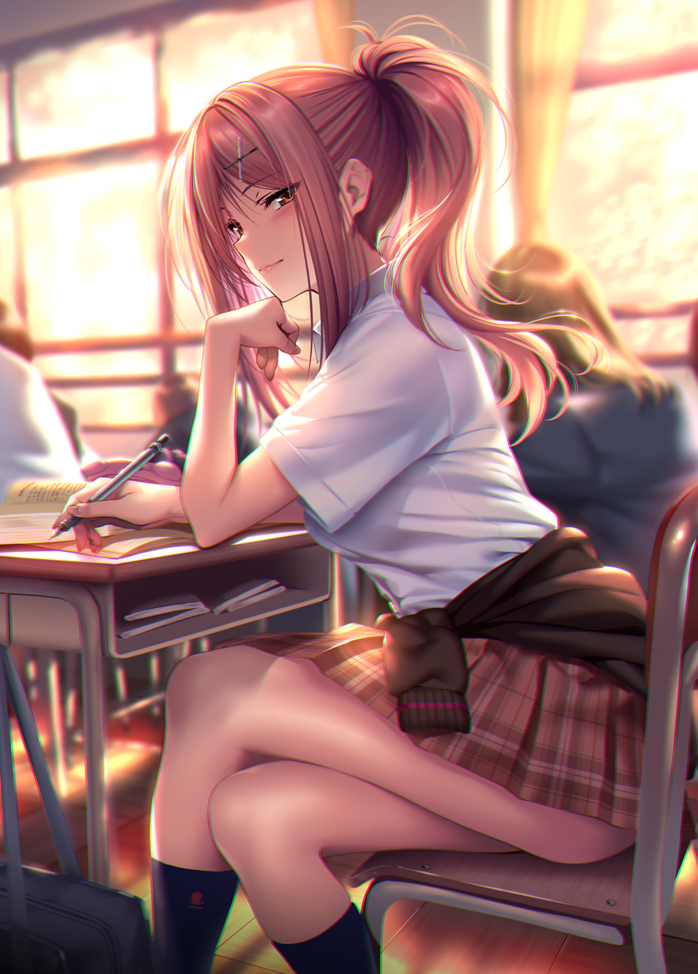 black_footwear, breasts, brown_eyes, classroom, clothes_around_waist, collared_shirt, crossed_legs, desk, drawing_on_another's_face, hair_ornament, hairpin, hanikami_kanojo, head_rest, highres, indoors, looking_at_viewer, multiple_girls, myouga_satsuki, pen, piromizu, plaid, plaid_skirt, ponytail, redhead, school_uniform, shirt, sitting, skirt, socks, sweater, sweater_around_waist, thick_thighs, thighs, white_shirt