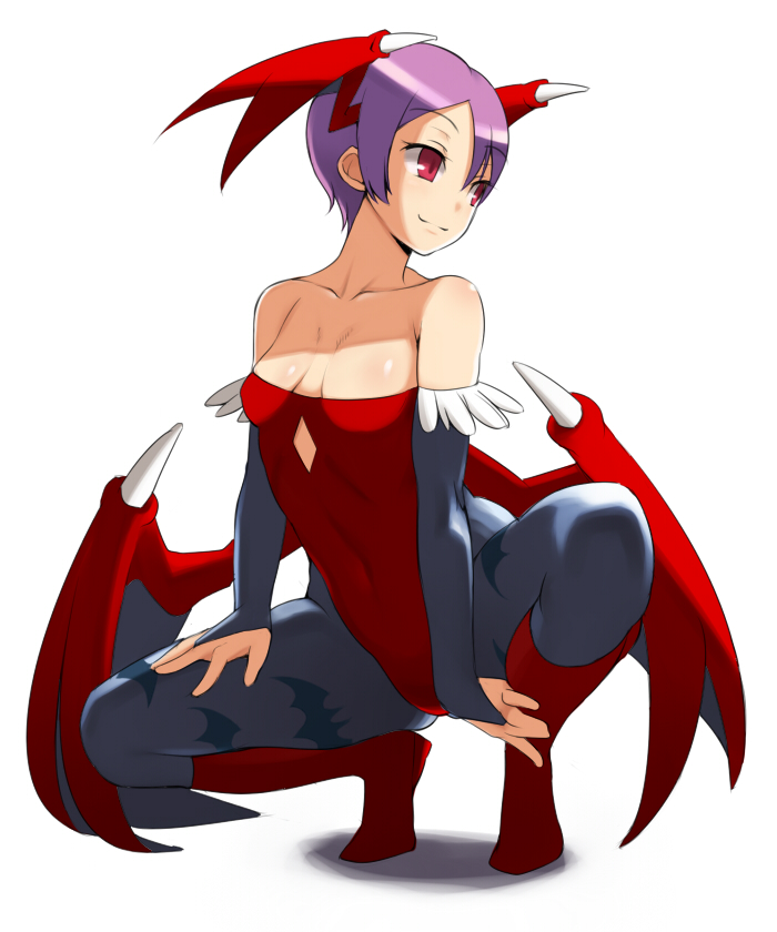 bare_shoulders, bat_wings, bridal_gauntlets, capcom, demon_girl, domu, elbow_gloves, flat_chest