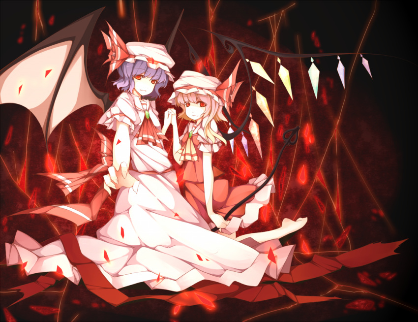 2girls, bad_id, bat_wings, blonde_hair, flandre_scarlet, hat, laevatein, multiple_girls